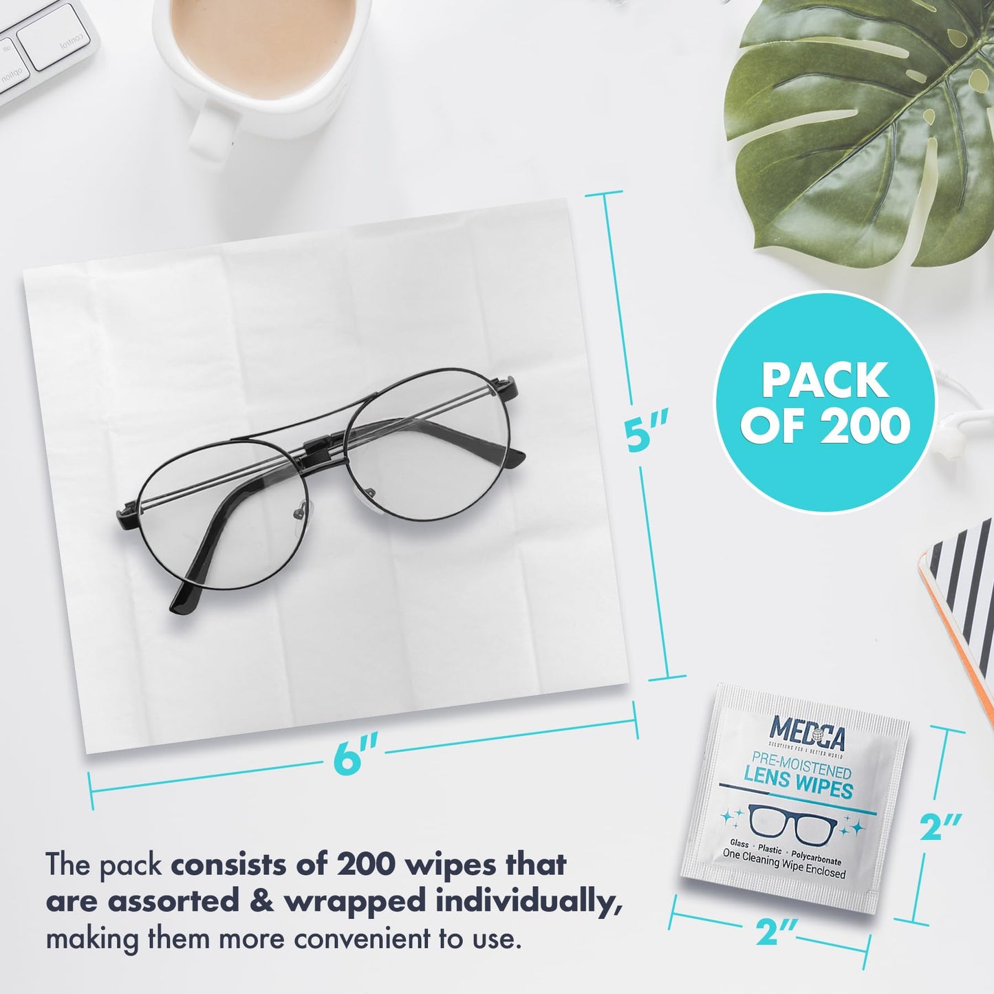 Premoistened Lens and Glass Cleaning Wipes - Portable Travel Cleaner for Glasses, Camera, Cell Phone, Smartphone, and Tablet - Disposable, Quick Drying, Streak Free - Individually Wrapped, Pack of 200