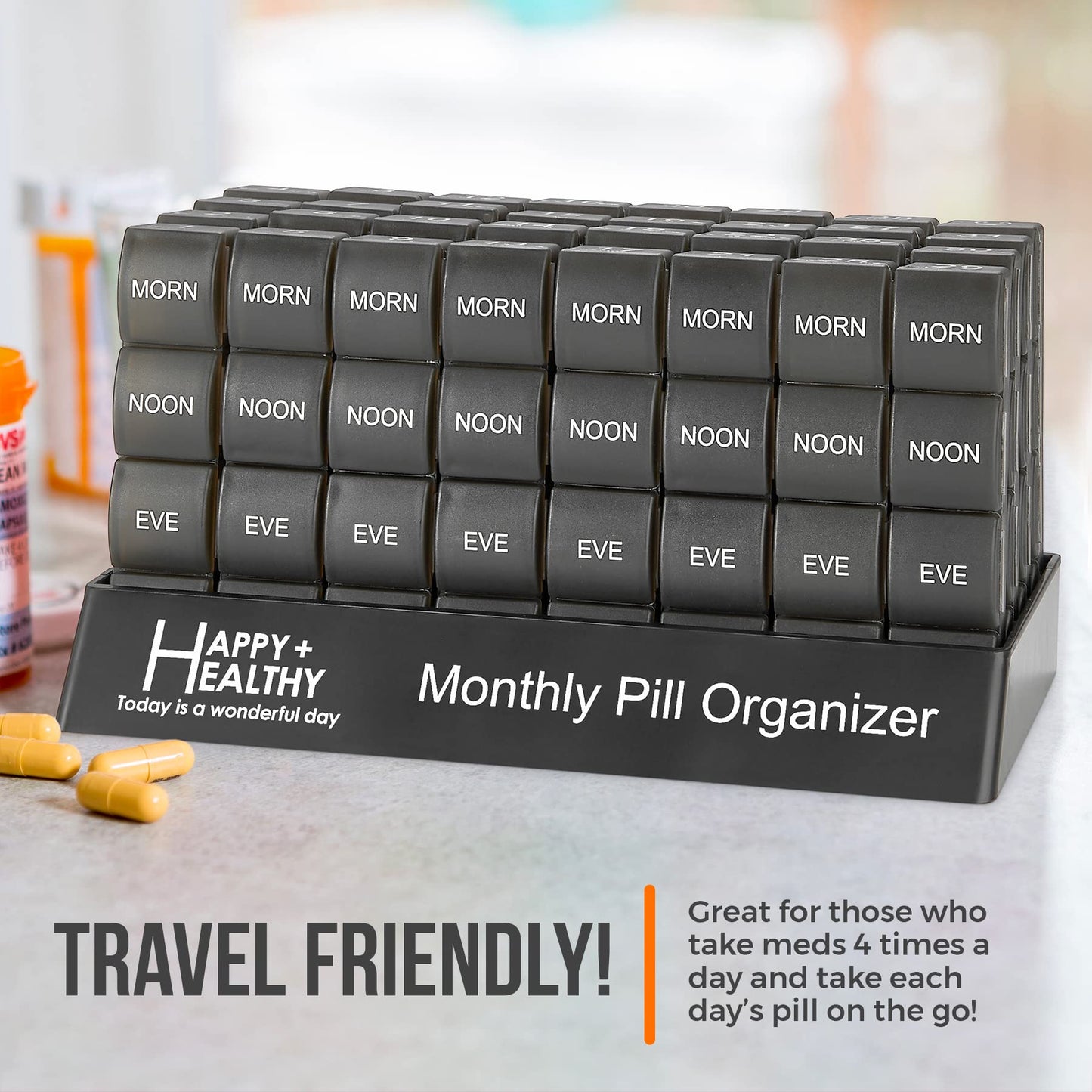 Month Pill Box Organizer - 4 Times-a-Day Morning-Noon-Evening-Night - Large 32 Daily Pill Cases with Compartments for Vitamins, Supplements, Medication -Travel Monthly Pill Organizer, Black
