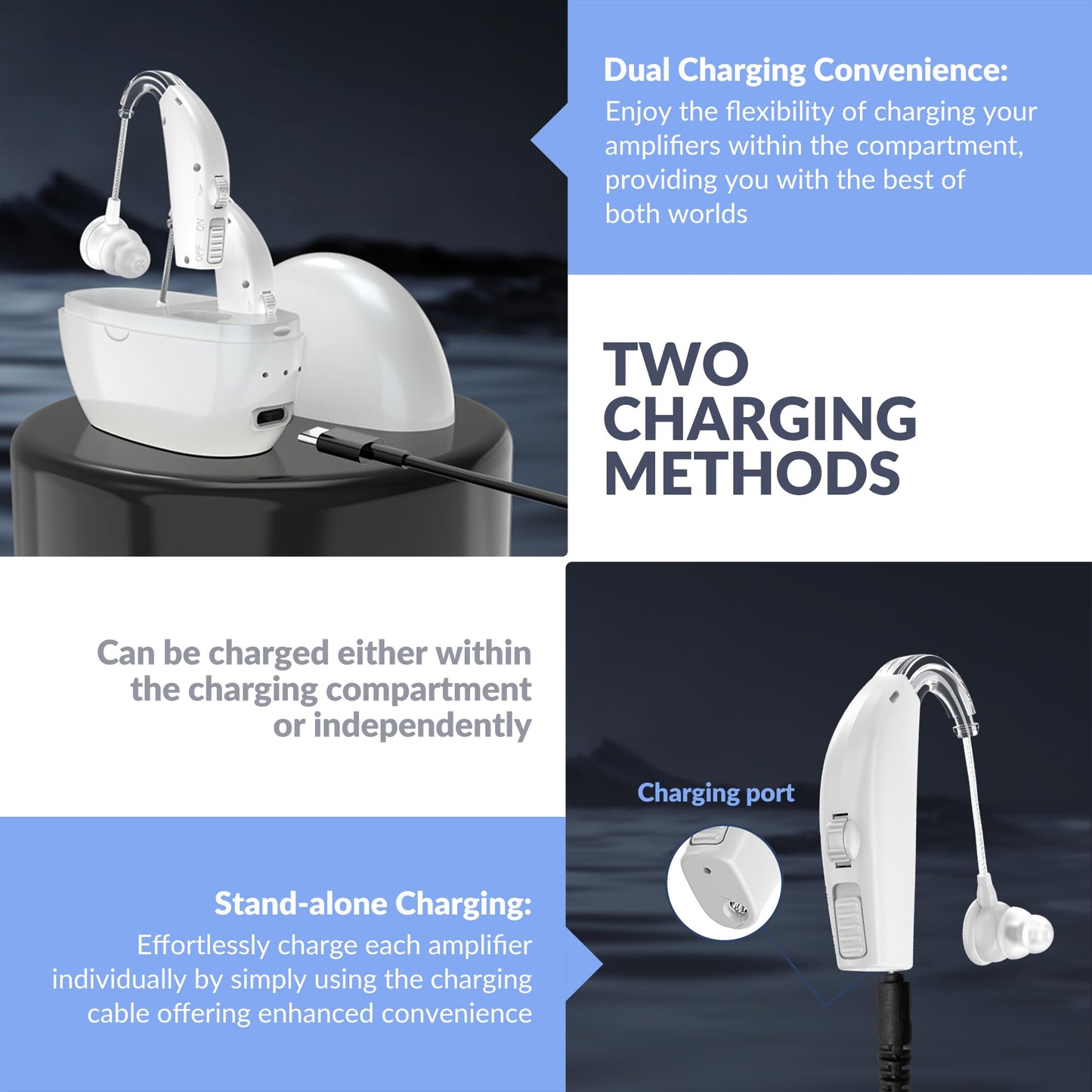 Digital Hearing Amplifier - (Pair of 2) Personal Hearing Enhancement Sound Amplifier, Rechargeable Digital Hearing Amplifier with All-Day Battery Life, White
