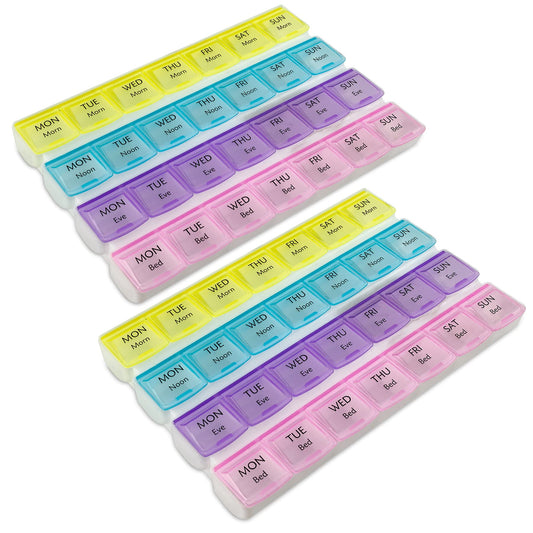 Weekly Pill Organizer - 4-Times-a-Day Pill Planner (Pack of 2) Pill Box Separates Pills & Vitamins with Daily Morning, Noon, Evening & Night Compartments, Travel Medication Reminder Monday to Sunday