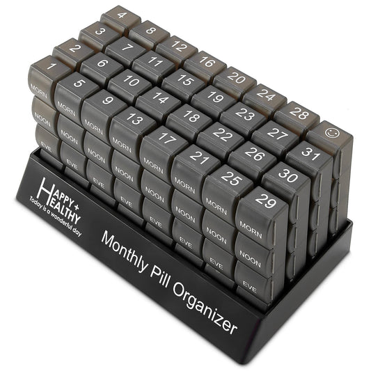 Month Pill Box Organizer - 4 Times-a-Day Morning-Noon-Evening-Night - Large 32 Daily Pill Cases with Compartments for Vitamins, Supplements, Medication -Travel Monthly Pill Organizer, Black