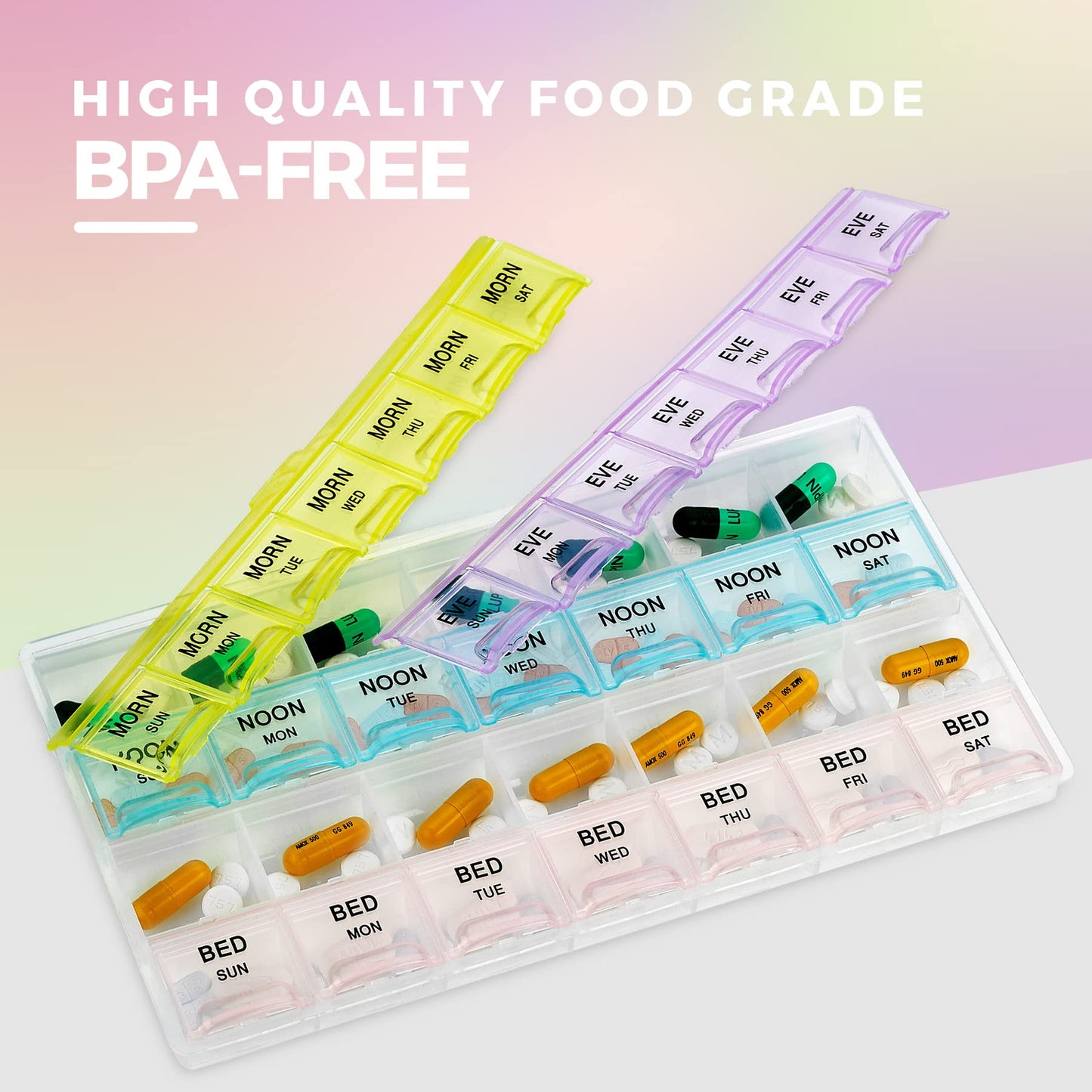 Pill Organizer - Large Pill Organizer with Weekly and Daily 4-Times-A-Day Compartments for Morning, Noon, Evening, Night - BPA-Free, Portable and Travel Friendly Pill Boxes Case