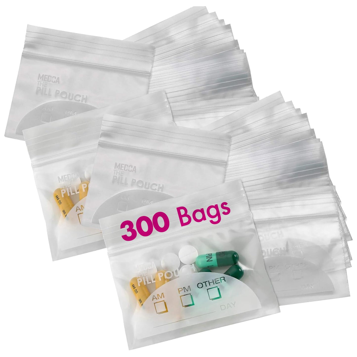 Pill Pouch Bags - (Pack of 300) 3" x 2.75" - BPA Free, Poly Bag Disposable Zipper Pills Baggies, Daily AM PM Travel Medicine Organizer Storage Pouches, Best Clear Reusable with Write-on Labels