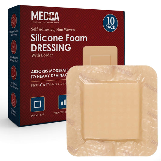 MEDca Silicone Foam Dressing w/ Adhesive Border 4"x4" (Pack of 10) Waterproof Silicone Bandages for Wounds, Highly-Absorbent Wound Dressing Bandage Care for Bed Sore Bandages, Pressure Sores, Ulcers