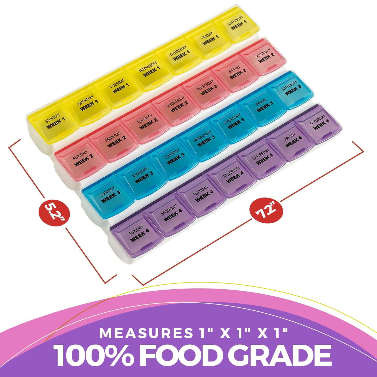 Monthly Pill Organizers - (Pack of 2) 28 Day Monthly Pill Planners to Separate Pills & Vitamins Week to Week, Travel Medication Reminder Daily Monday to Sunday Compartments
