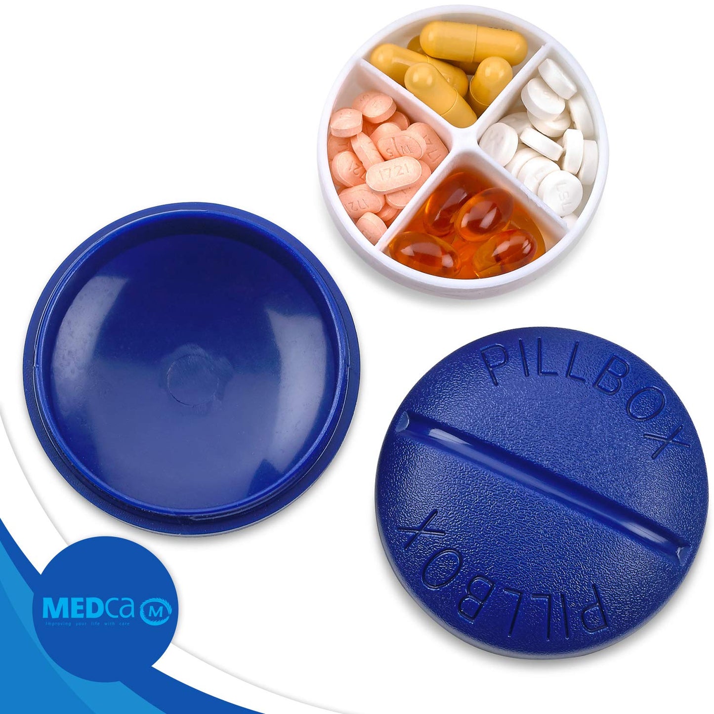 Small Pill Boxes - Pack of 2 - Mini Compact Round Portable 4 Compartment Travel Pills Case Organizer, Vitamin and Medication Dispenser Holder for Up to 4 Times a Day, BPA Free Pill Reminder