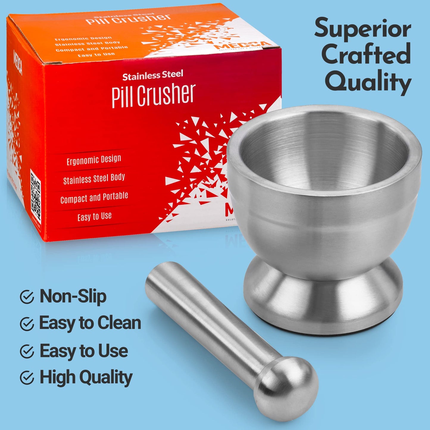 Pill Crusher - 304 Food Grade Stainless Steel Mortar and Pestle Medicine Grinder Set - Non-Slip Splitter to Easily Crush Medicine Pills Tablets Vitamins to Fine Powder for Adults, Seniors, Dogs, Pets
