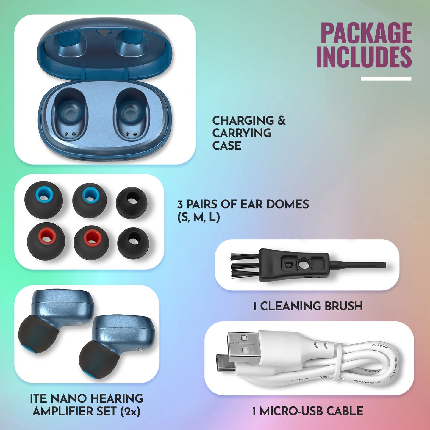Rechargeable Hearing Amplifier Pair w/ Noise Cancelling, Digital Sound Device for Seniors & Adults - ITC Nano Personal Amplifier - One Touch Control & Low Sound Distortion Hearing Assist Device, Blue