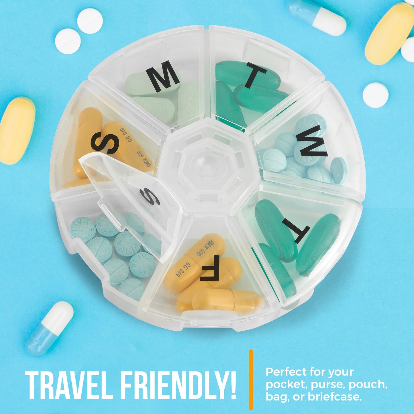 Weekly Pill Organizer - (Pack of 2) 7 Day Pills Container, Round Medicine Organizer Box, Daily Week Pill Reminder Case Travel Friendly, BPA-Free Vitamin, Supplement, Fish Oil, Medication Planner