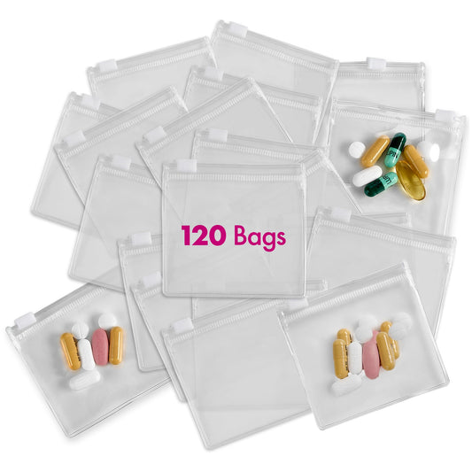 Zippered Pill Pouch Bags - 120 Pcs, Slide Lock Clear Plastic Mini Bags, BPA-Free for Pills Vitamins, Supplements, Medications, Jewelry, Crafts, Small Objects - Self-Sealing, Reusable, Travel-Friendly