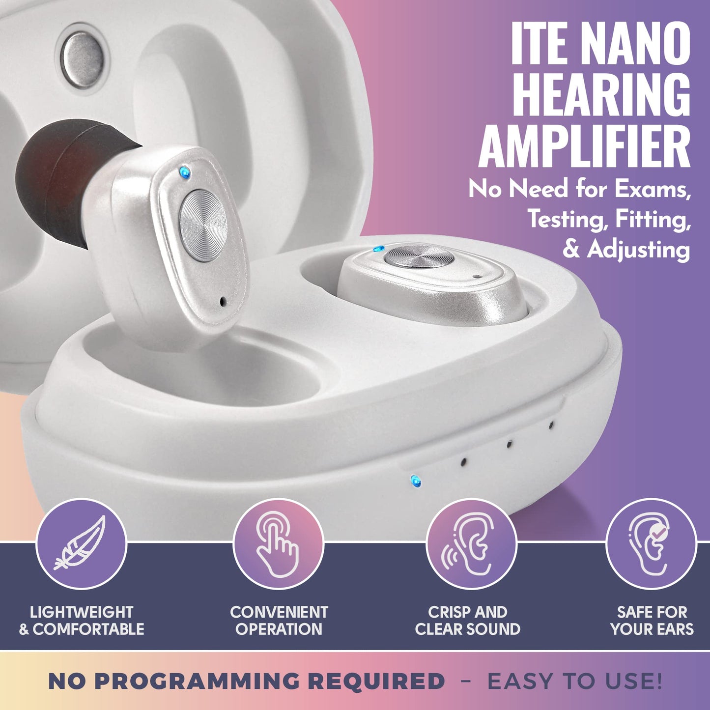 Rechargeable Hearing Amplifier Pair w/ Noise Cancelling, Digital Sound Device for Seniors & Adults - ITC Nano Personal Amplifier - One Touch Control & Low Sound Distortion Hearing Assist Device, White