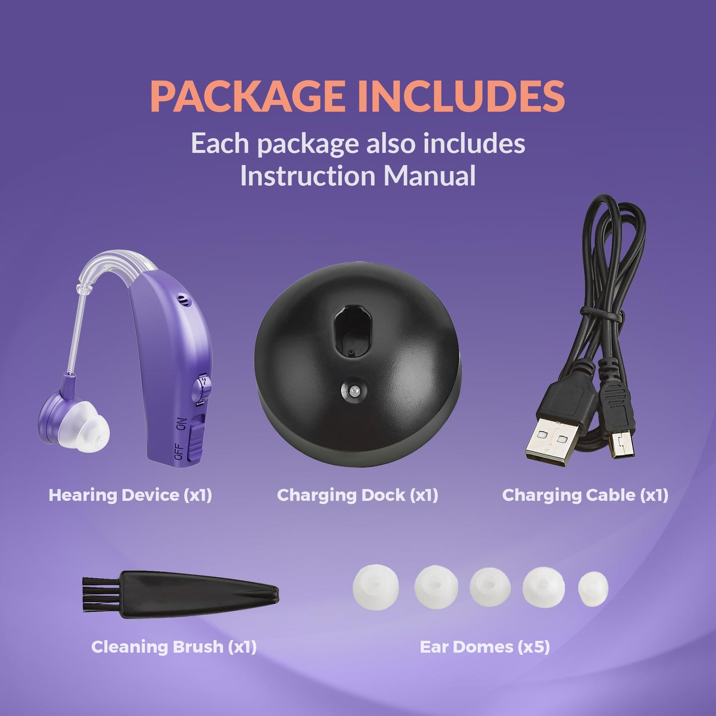 Digital Hearing Aid Amplifier Set - Rechargeable Behind the Ear Personal Sound Amplification Device - for Adults and Seniors with All-Day Battery Life, (Single Unit, Purple)