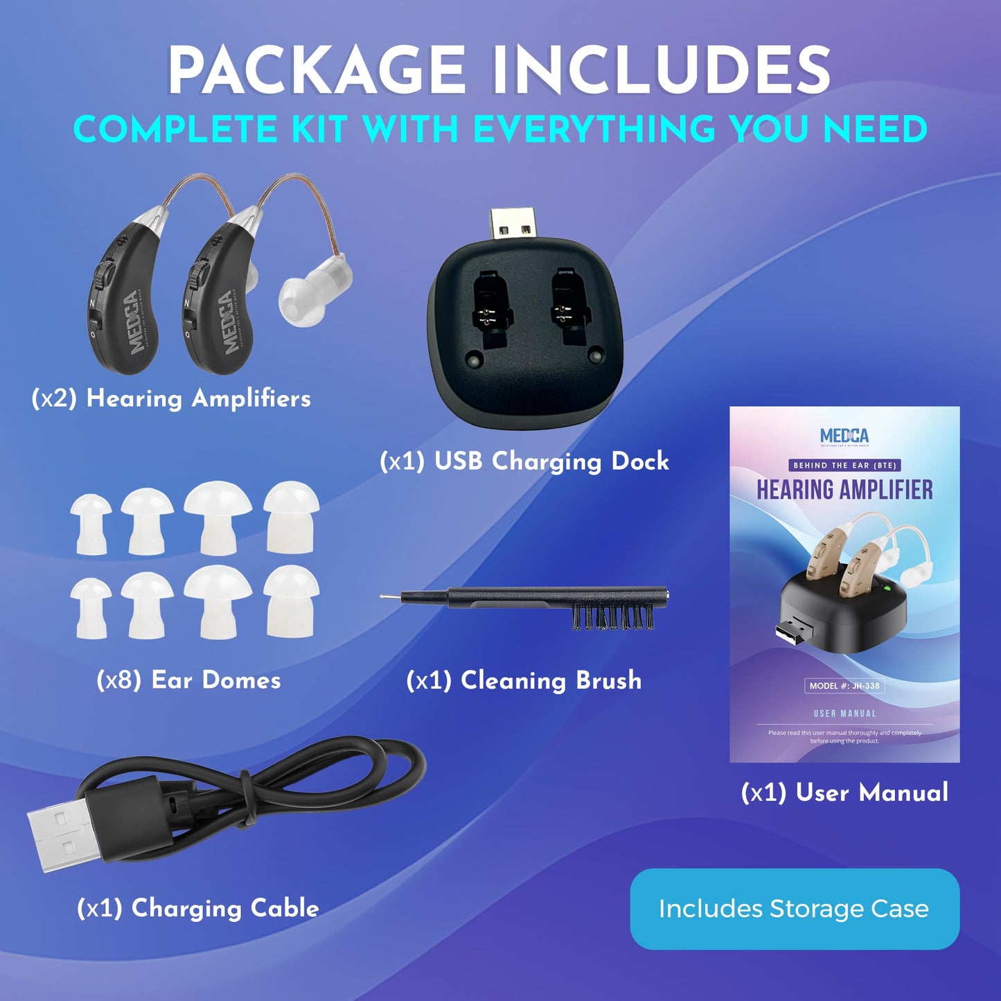 Digital Hearing Amplifiers - Rechargeable Premium BTE Personal Sound Amplifier Pair with USB Dock, Behind the Ear Hearing Enhancement Devices with Long Lasting Battery Life, Black