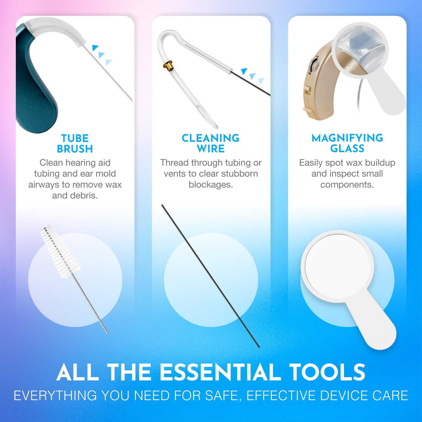 Hearing Aid Cleaning Kit - 20 Piece Tool Set with Case, 10 Hearing Aid Cleaner Wipes, and Magnifying Glass for Hearing Aids, Earbuds, Headphones, Ear Molds, Amplifiers & Small Electronics