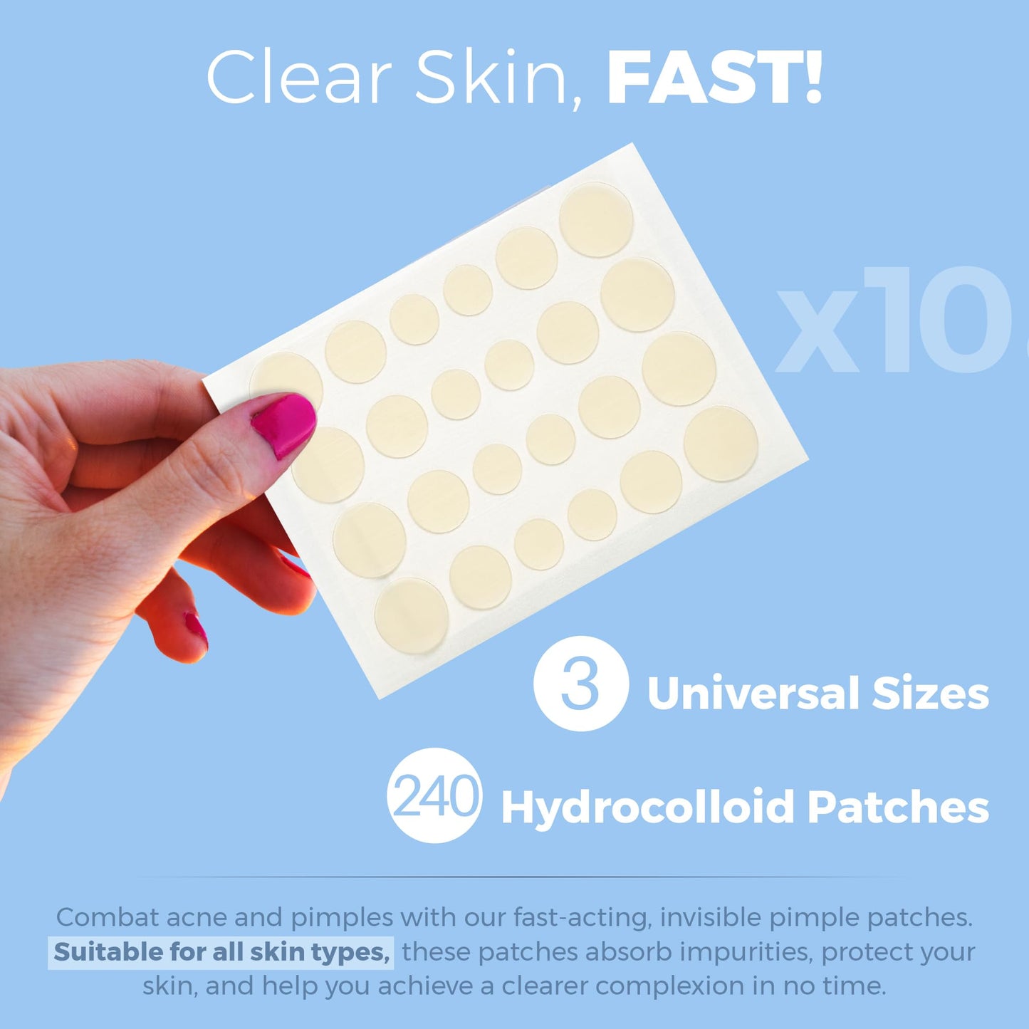 Acne Absorbing Covers - Hydrocolloid Acne Care Bandages (240 Count) Three Universal Patch Sizes, Acne Blemish Treatment for Face & Skin Spot Pore Patch that Conceals, Reduce Pimples and Blackheads