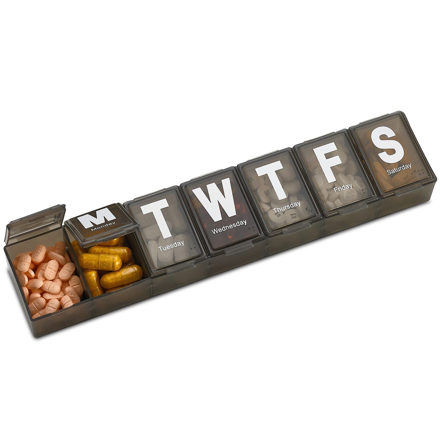 Weekly Pill Organizer - Extra Large with Easy to Read Jumbo Letters Vitamin Container, BPA Free - Daily Travel 7 Day Medication Pill Box Case, (Black)