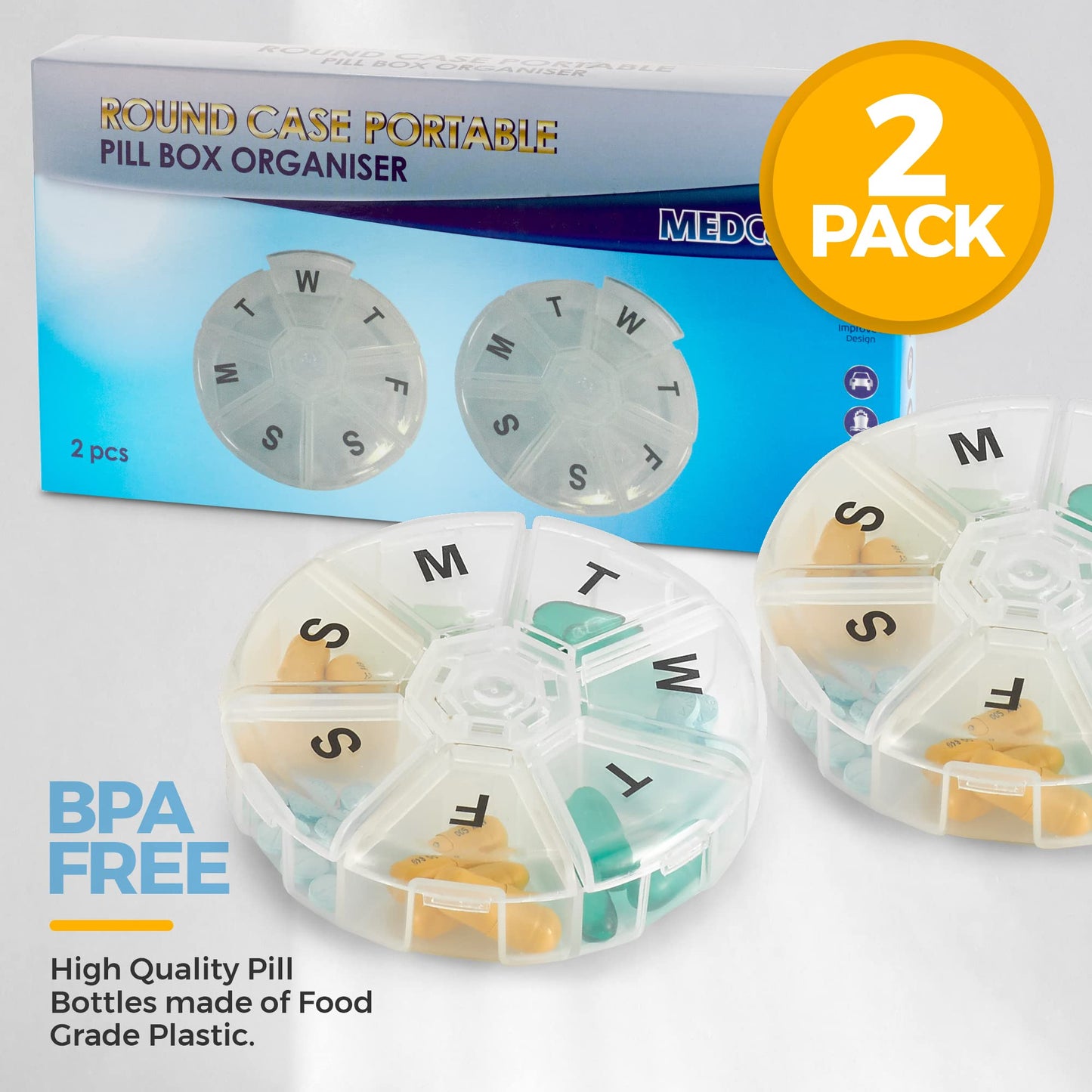 Weekly Pill Organizer - (Pack of 2) 7 Day Pills Container, Round Medicine Organizer Box, Daily Week Pill Reminder Case Travel Friendly, BPA-Free Vitamin, Supplement, Fish Oil, Medication Planner