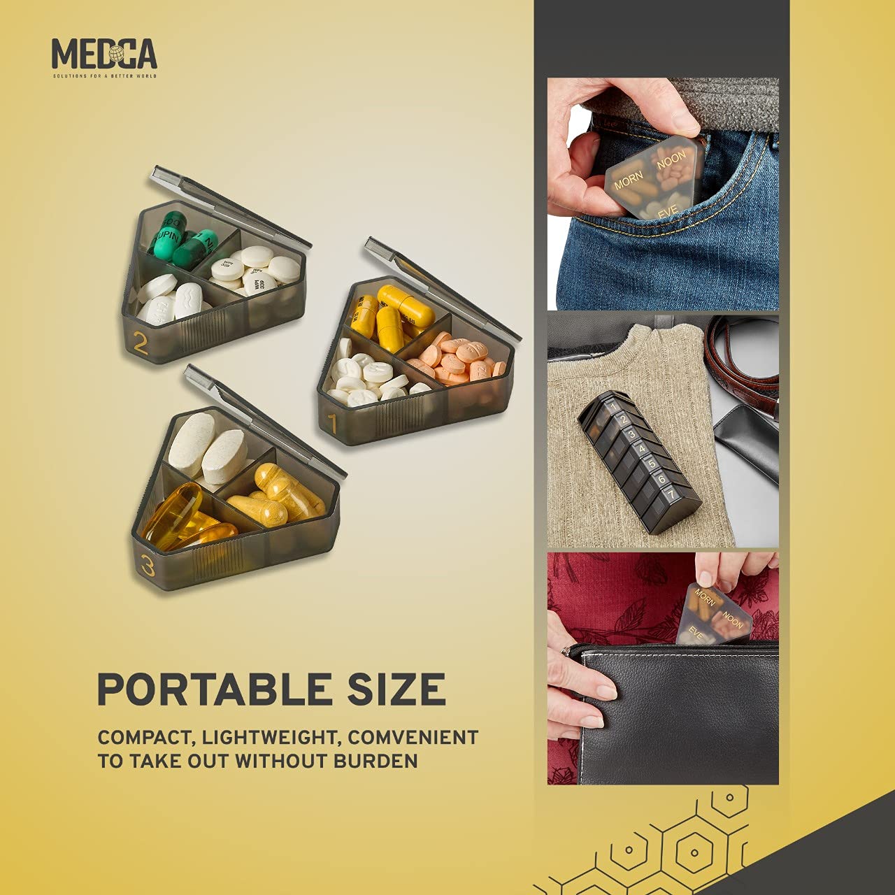 MEDCA Moisture Proof Weekly Stackable Pill Organizer - BPA Free, Weekly Pill Box Case with 3 Daily Compartments - Black Pill Box to store pills, vitamins, supplements
