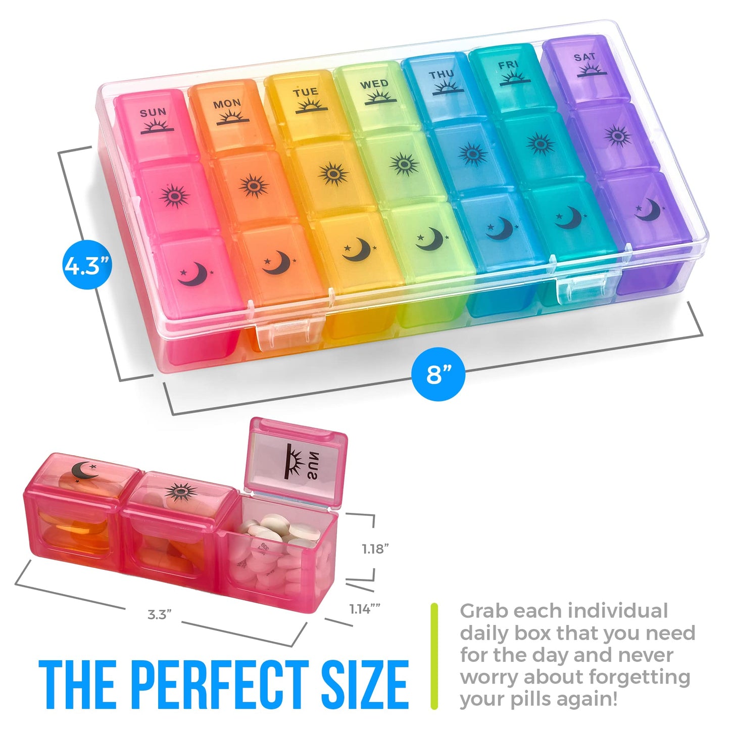 Weekly Pill Organizer Case – 3-Times-a-Day Pill Box - Large Plastic Dispenser with 7-Daily Morning Noon & Night Compartments for Pills, Supplements, Fish Oils and Vitamins