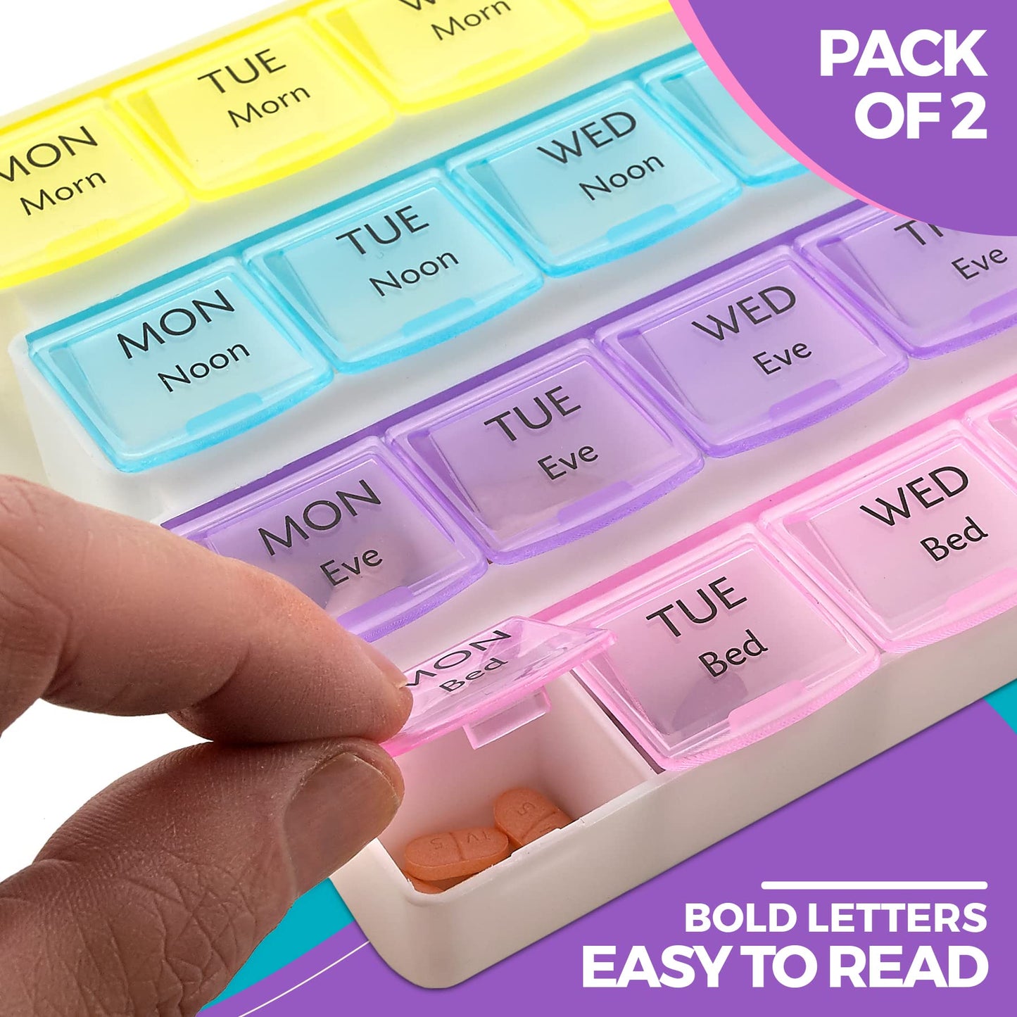 Weekly Pill Organizer - 4-Times-a-Day Pill Planner (Pack of 2) Pill Box Separates Pills & Vitamins with Daily Morning, Noon, Evening & Night Compartments, Travel Medication Reminder Monday to Sunday