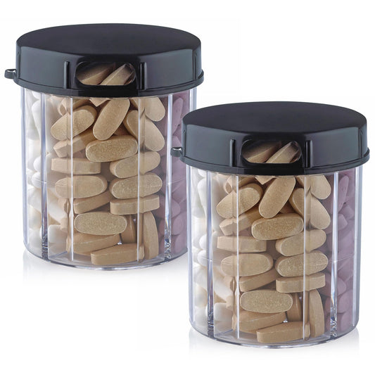 Round Pill Organizer Dispenser - Pack of 2 - Pill Boxes with 4 Compartments for Medication, Vitamins & Supplements Bottle Daily Pill Case Reminder Box, (Black and Clear)