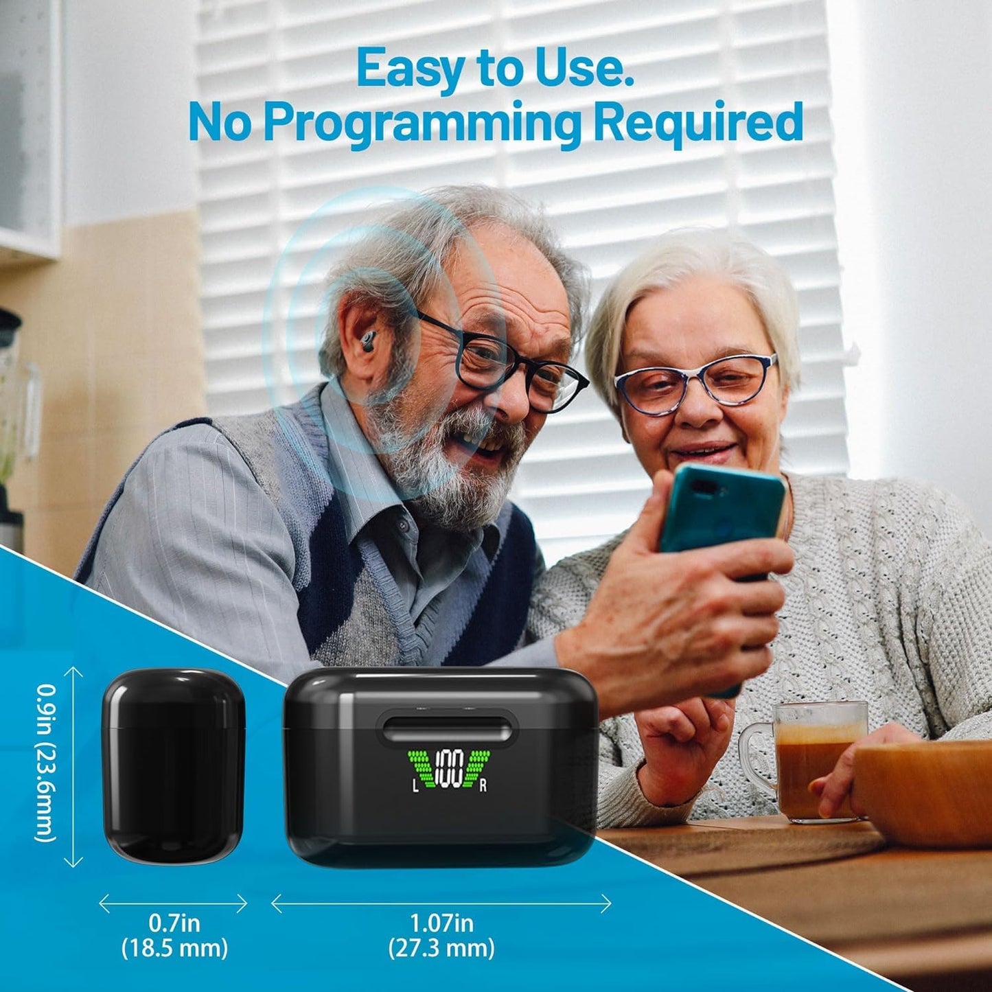 Rechargeable Hearing Aids with Bluetooth for Seniors and Adults - Digital Personal Sound Hearing Amplifiers Pair w/ Charging HD LCD Carrying Case, Active Noise Cancelling, No-Programming, Easy to Use