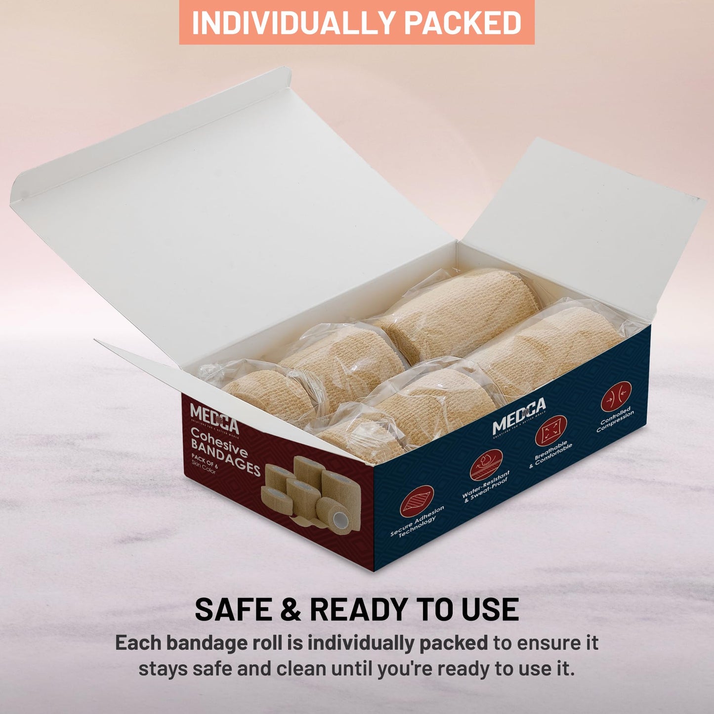 6 Pack, Self Adherent Cohesive Tape - 1” 2" 3" x 5 Yards Combo Pack, (Light Tan Shade) Self Adhesive Bandage Rolls & Sports Athletic Wrap for Ankle, Wrist, Sprains