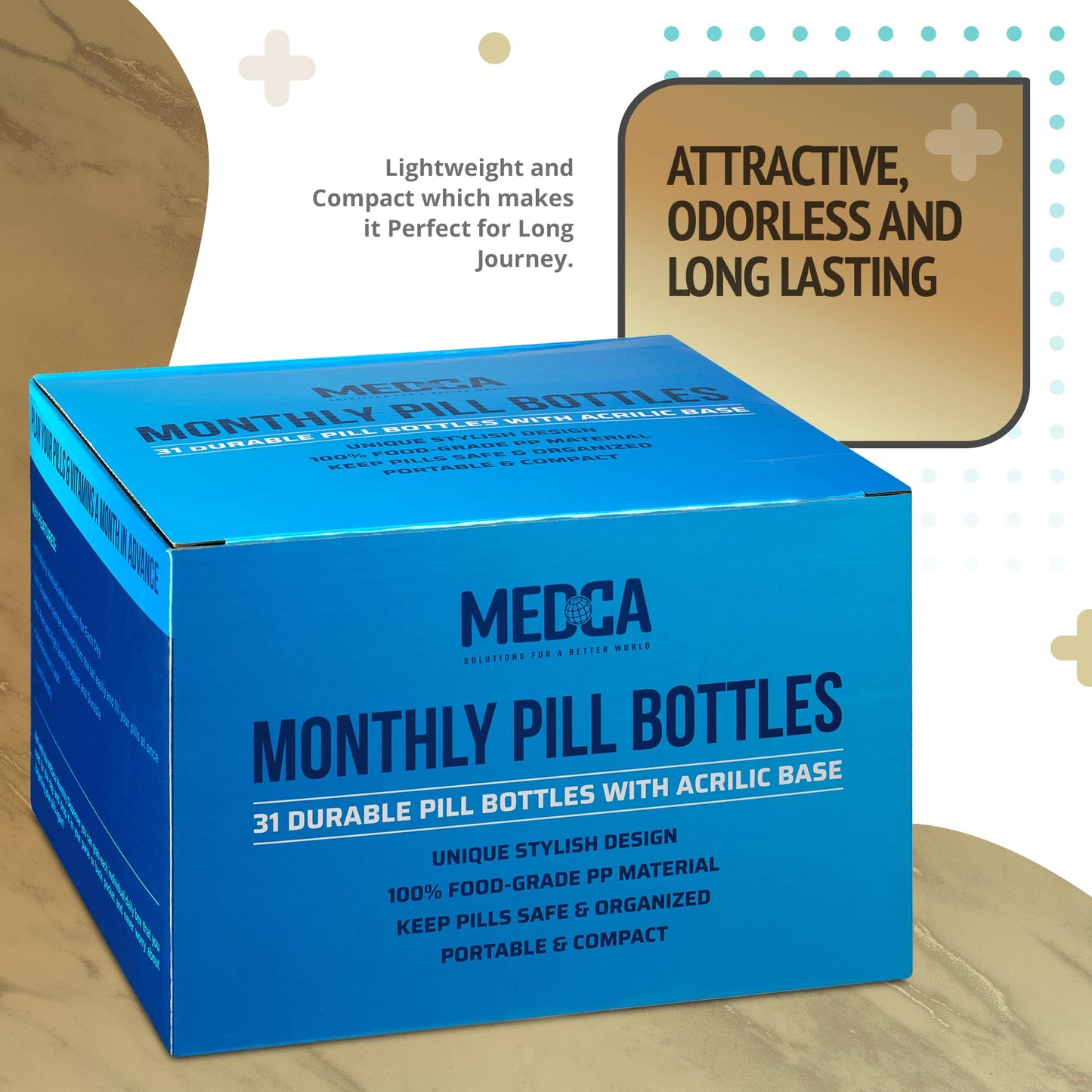 Monthly Pill Bottle Organizer Caddy - 31 Numbered Full-Size Pill Bottles w Child-Proof Lids for Each Day of the Month- Clear Rack and Easy to Use for Daily Dose of Medication Vitamins and Supplements