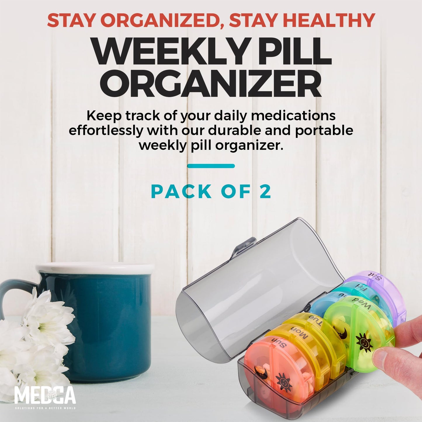 Weekly Pill Organizer - 2 Times-A-Day Compartments - 7 Day AM/PM Pill Container - Portable, Durable and Convenient Travel Pills Case for Tablets, Fish Oils, Vitamins and Supplements, Rainbow, 2 Pack