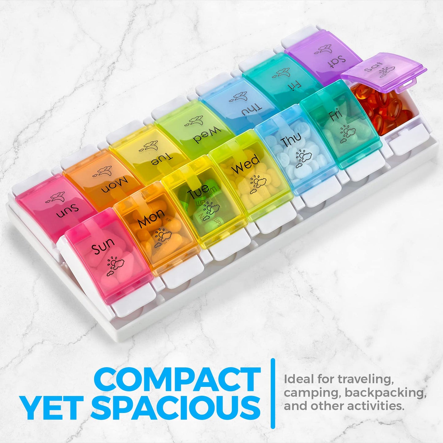 7 Day AM PM Pill Organizer – With Push Button Assisted Open A Daily Travel Pill Box Case Planner And Large Compartments For Medication Vitamins Fish Oil & Supplements, BPA Free – By MEDca