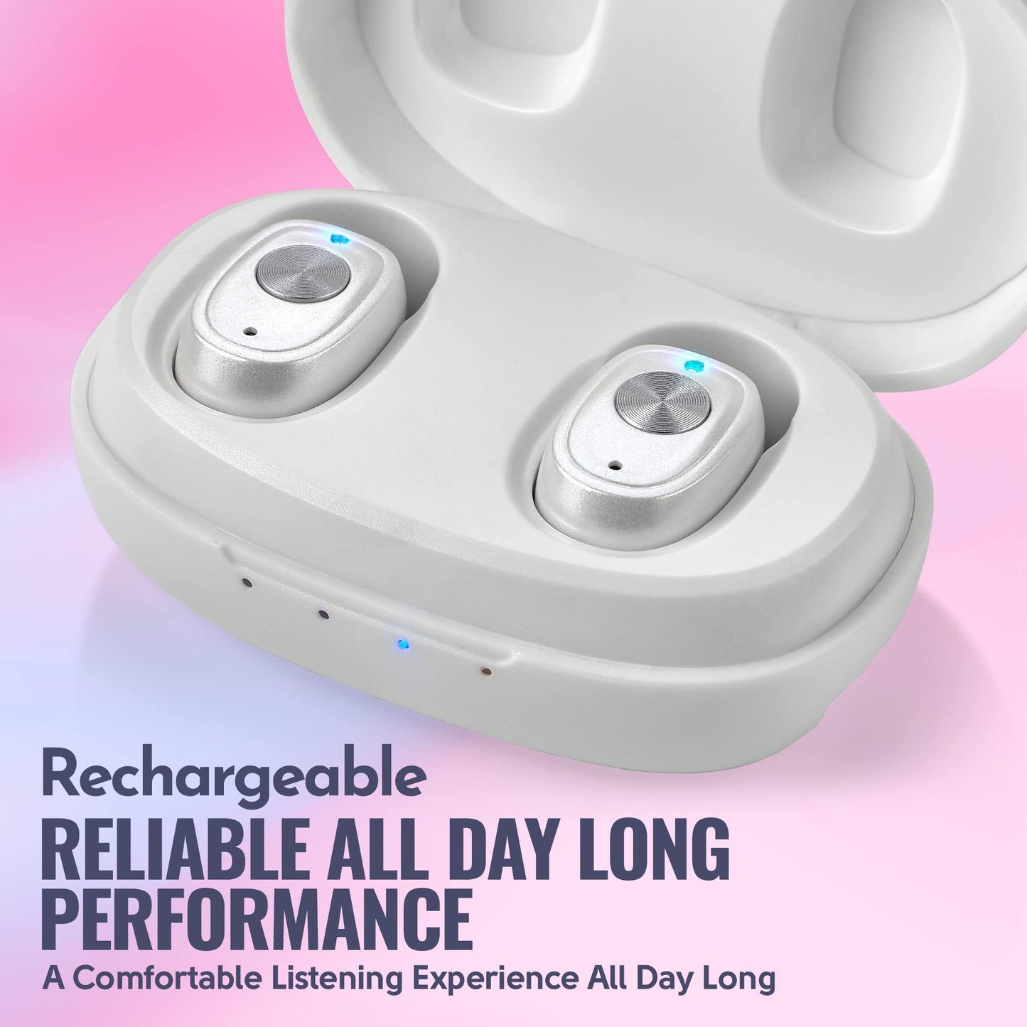 Rechargeable Hearing Amplifier Pair w/ Noise Cancelling, Digital Sound Device for Seniors & Adults - ITC Nano Personal Amplifier - One Touch Control & Low Sound Distortion Hearing Assist Device, White
