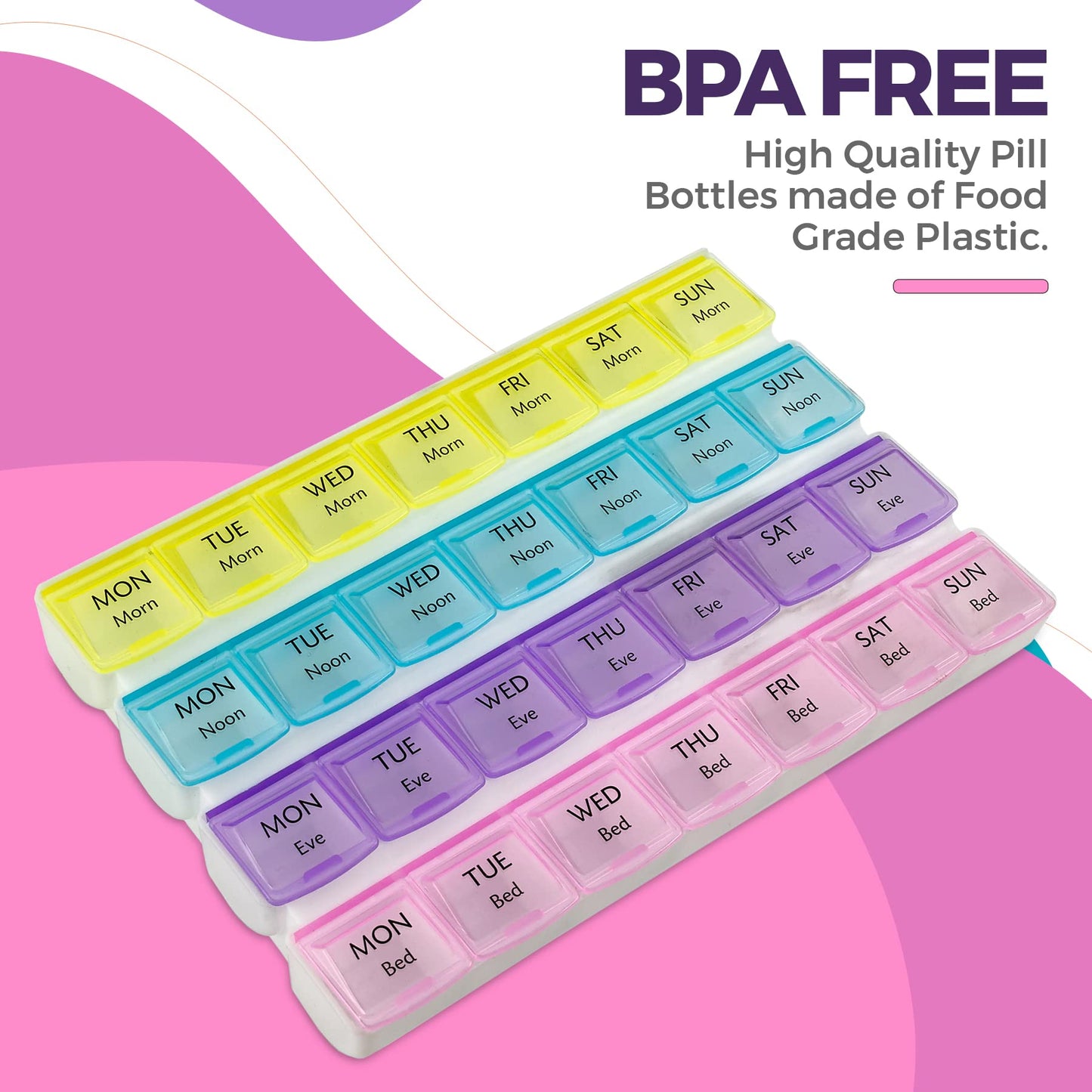 Weekly Pill Organizer - 4-Times-a-Day Pill Planner Pill Box Separates Pills & Vitamins with Daily Morning, Noon, Evening & Night Compartments, Travel Medication Reminder Monday to Sunday