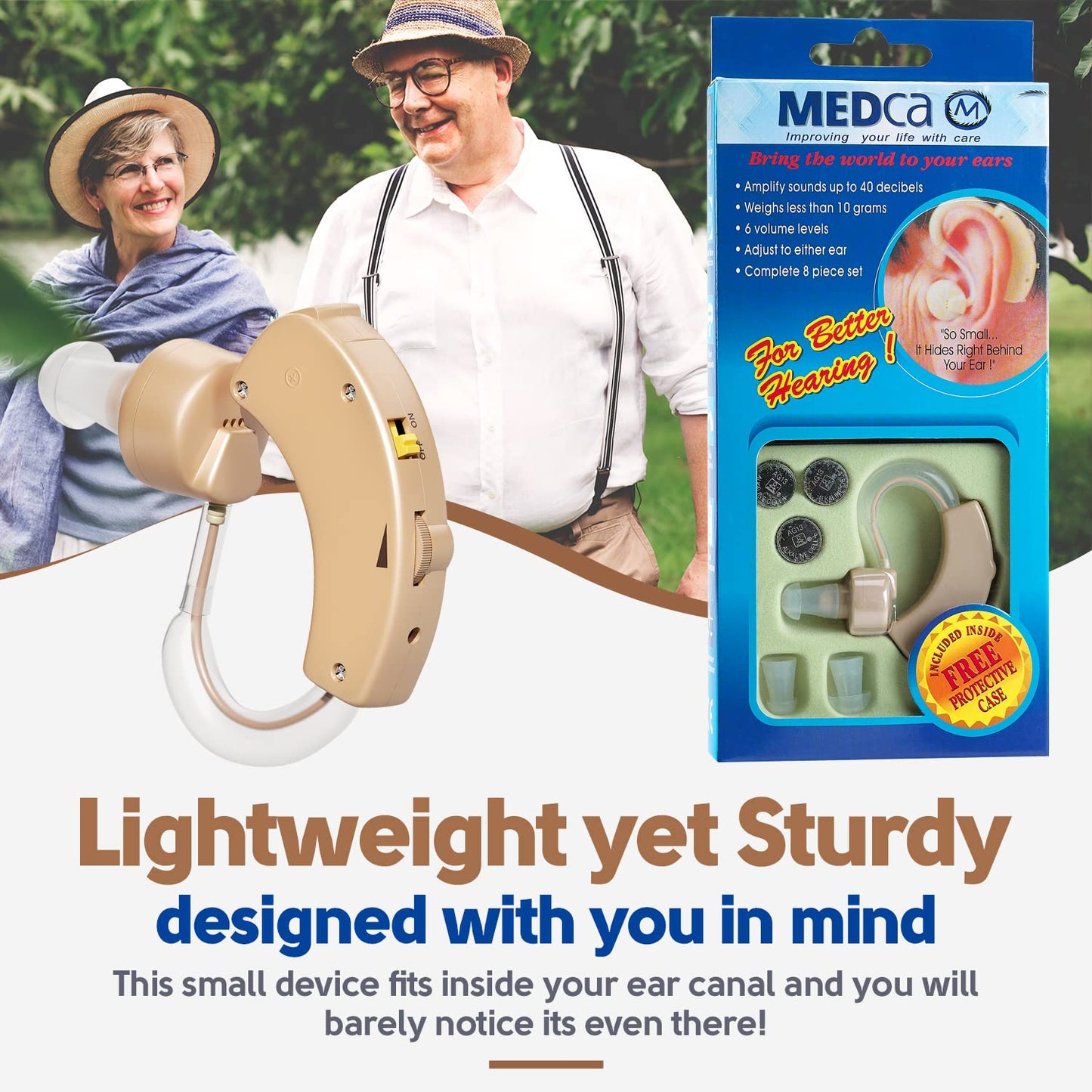 MEDca Hearing Amplifiers 2 Pack - Digital BTE Personal Sound Amplifier w/ Noise Reduction & Volume Control, LR44 Battery Powered, 6 Ear Domes, Left/Right Use, Small & Discreet