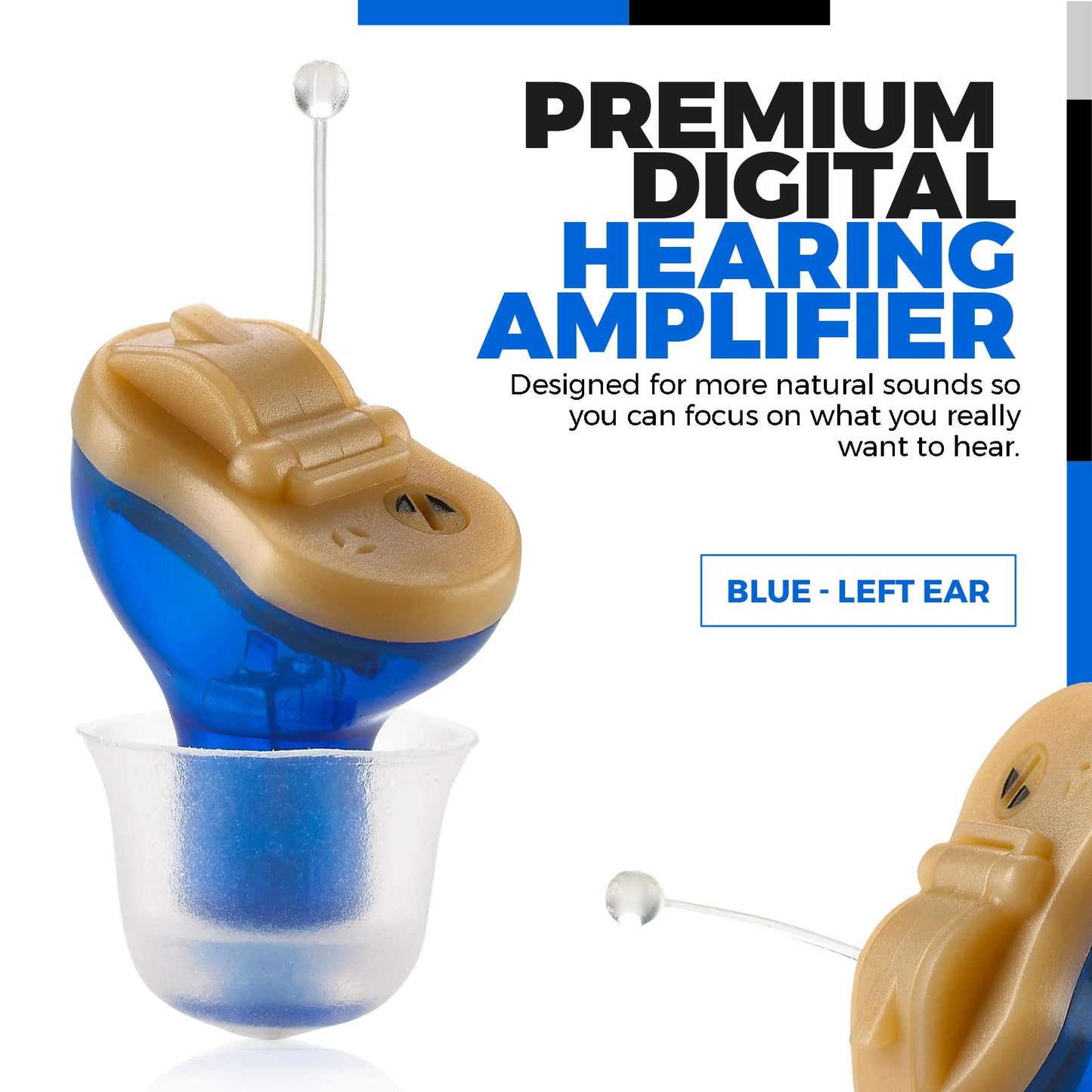 Premium Digital Hearing Amplifier - Invisible in Canal (CIC) In-Ear Mini Sound Enhancer, Near-Invisible, Noise Cancelling, Personal Sound Hearing Amplifier - Left Ear, Blue - MZ-45