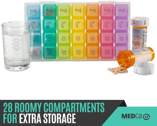 Weekly Pill Organizer - 4 Compartment Am/pm Pill Box, 7 Day Large Travel Medication Dispenser Case for Vitamins and Medicines by MEDca