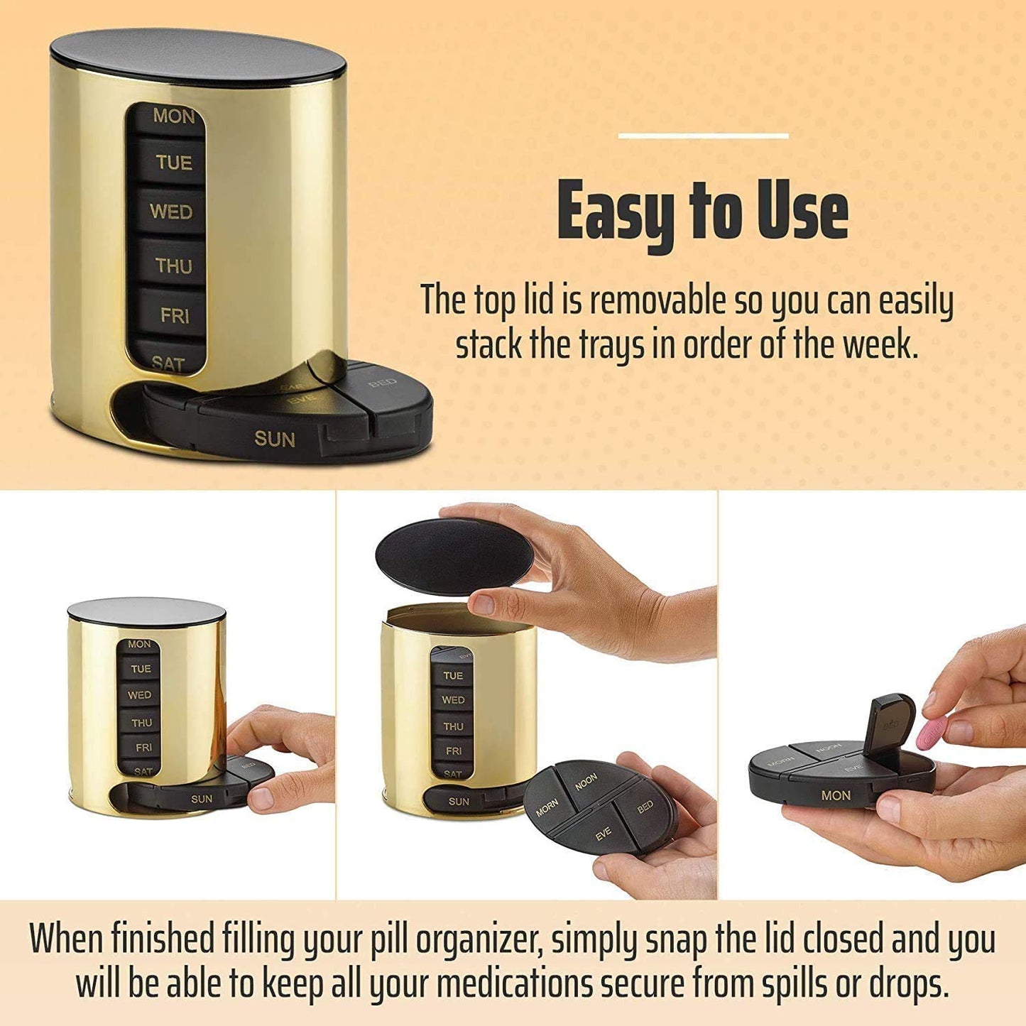 Weekly Pill Organizer - 2Pack - 4 Times-A-Day, Daily Stackable Medication Reminder - Weekly AM/PM Pill Box with 7 Individual Stacking Cases, a Everyday Medicine Organizer for Vitamins, Black & Gold