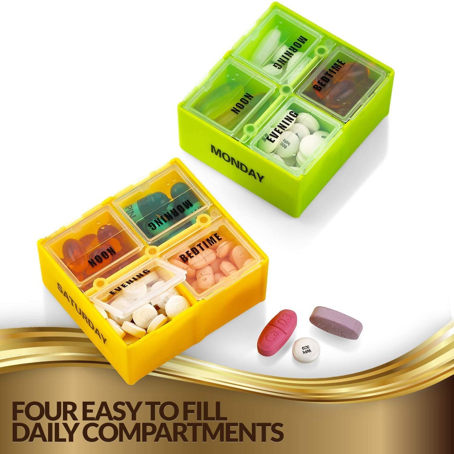 Large Weekly Pill Organizer Box in Gold Leather Case - 7 Day Week Pill Planner Organizers & Medication Reminder with 4 Times a Day - Daily Compartments that is Ideal for Travel by MEDca