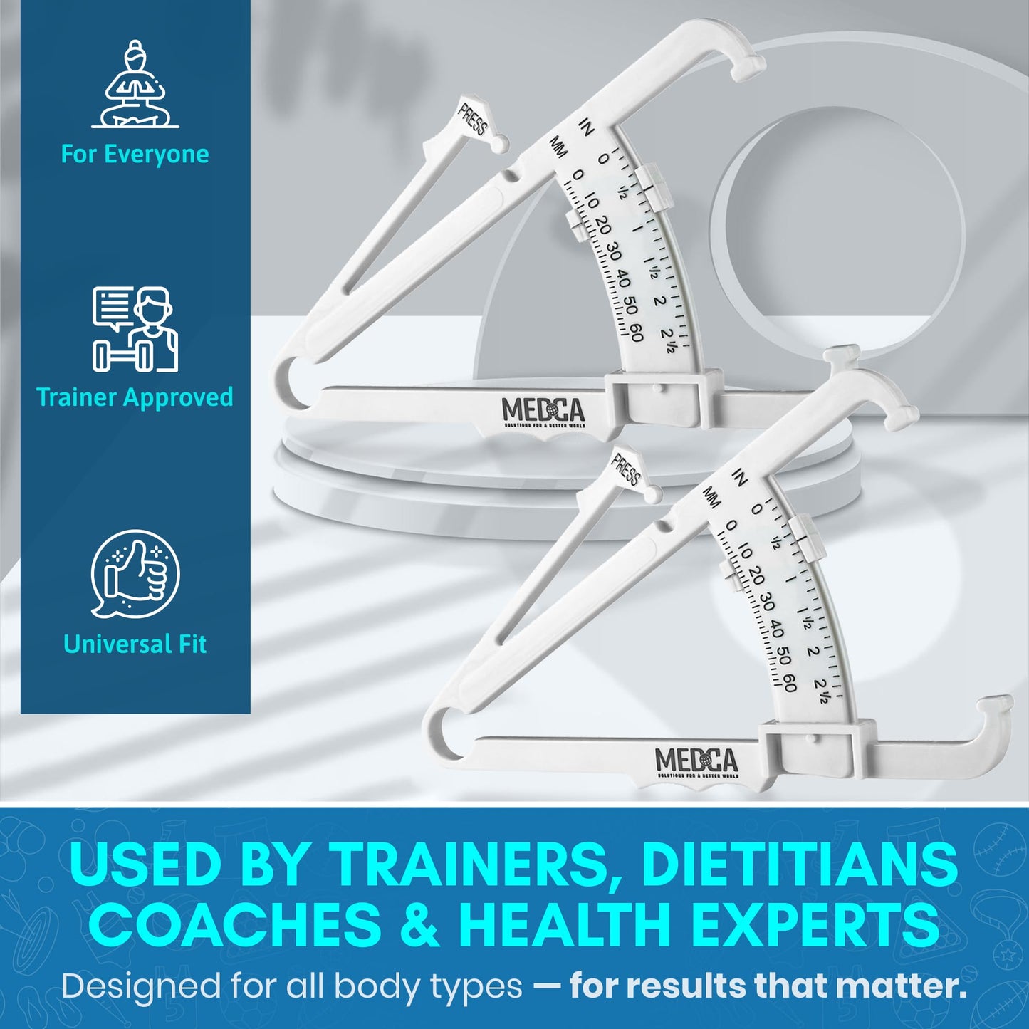 Skinfold Body Fat Caliper - Skin Fold Body Fat Analyzer and Handheld BMI Measurement Tool Skinfold Caliper Device Measures Body Fat for Men and Women by MEDca - (Pack of 2, White)