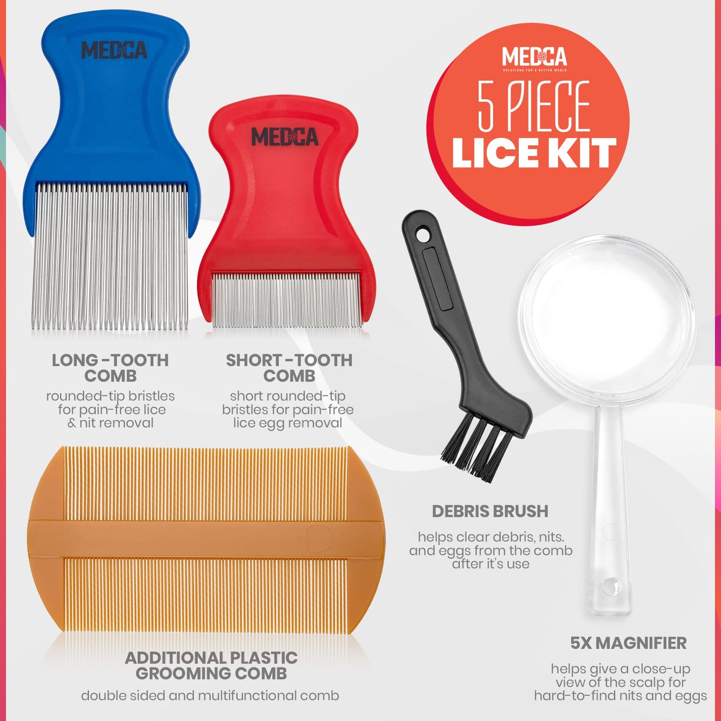 Premium 5 Piece Lice Kit - Nit Removal Fine Tooth Comb and Magnifier Full Treatment Set - Louse and Nit Combs Removes Eggs with Rounded Tips for Comfort