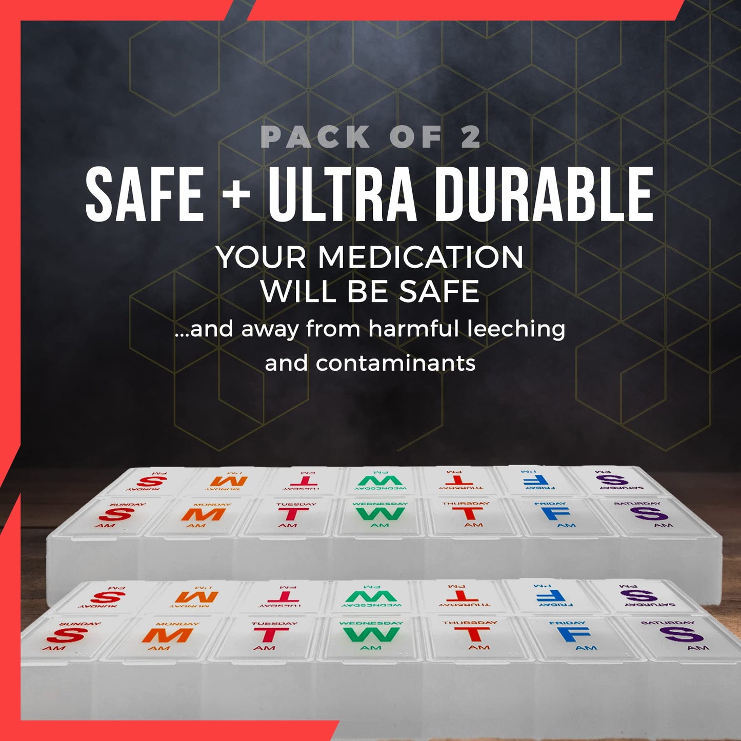 Large Weekly Pill Organizer - (2 Pack) AM PM Pill Box - XL 7 Day Pill Organizer 2 Times A Day and Daily Pill Organizer Case for Medication, Pills, Supplements with Braille, Bright, Easy to Read