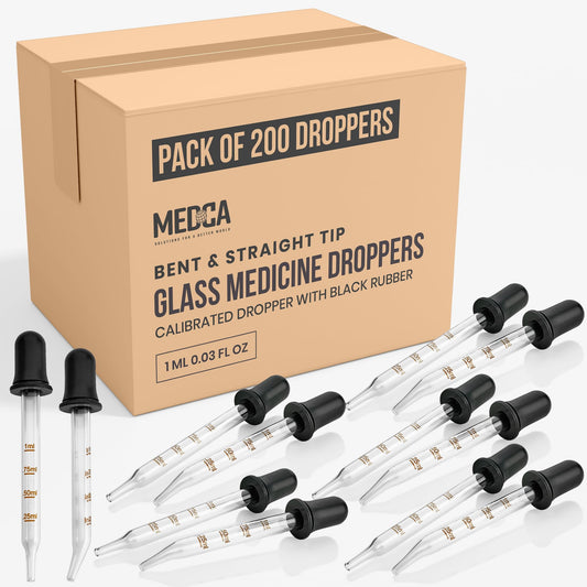 Eye Dropper - (Pack of 200 Bulk) Bent & Straight Tip Calibrated Glass Medicine Droppers for Medications or Essential Oils Pipette Dropper for Accurate Easy Dose and Measurement (1 mL Capacity)
