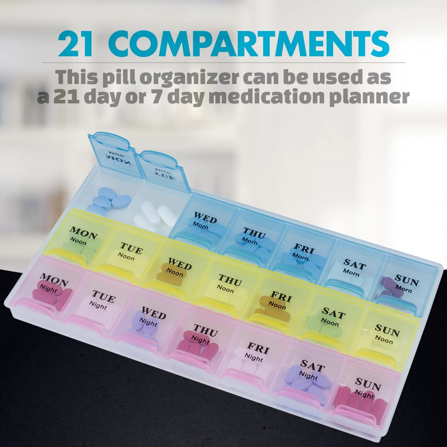 Weekly Pill Organizer - 21 Day Pill Planners for Pills Vitamins & Medication, 3 Times-a-Day Medication Reminder Boxes, Easy to Read & Travel Friendly