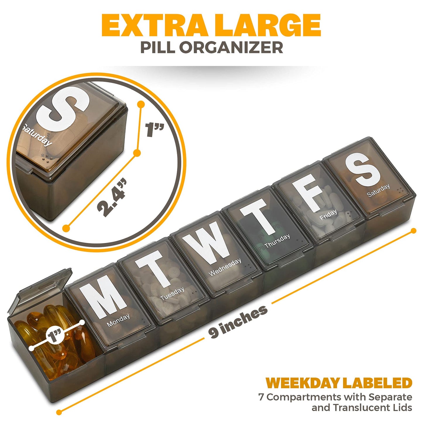 Weekly Pill Organizer - Extra Large with Easy to Read Jumbo Letters Vitamin Container, BPA Free - Daily Travel 7 Day Medication Pill Box Case, (Black)