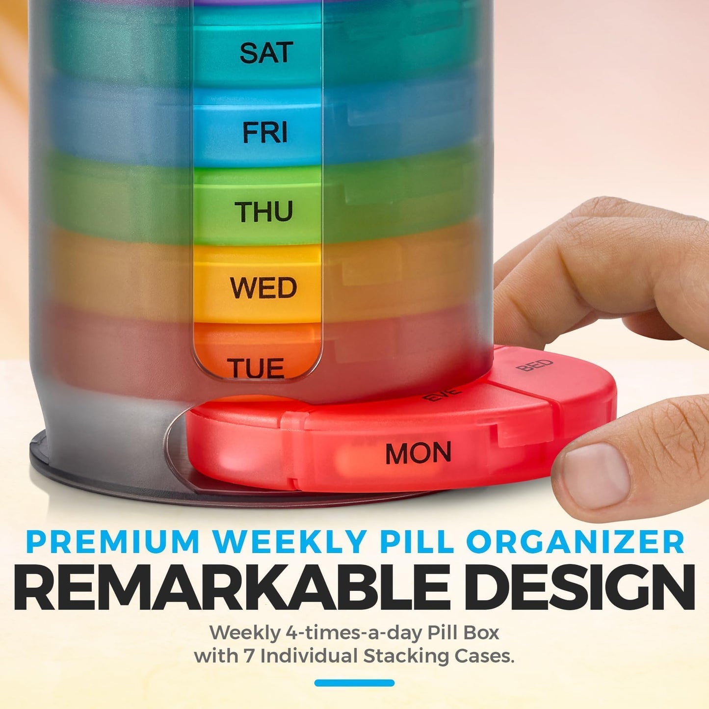 MEDca Weekly Pill Organizer, 1 Dispenser, 7 Stackable Multi-Color Compartments Four Times-a-Day - Morning, Noon, Evening, and Bedtime, Black, 2-Pack
