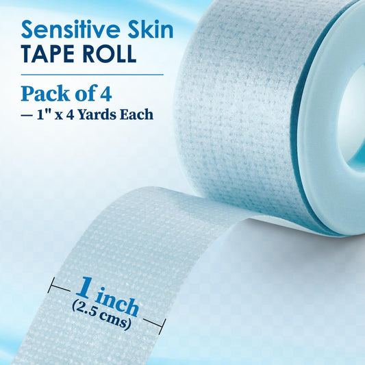 MEDca Sensitive Skin Low Trauma Tape Rolls - 1 Inch x 4 Yards Blue Tape First Aid Rolls, Minimal Hair Pulling for Wounds, Lash Tape for Eyelash Extensions, (Pack of 4)