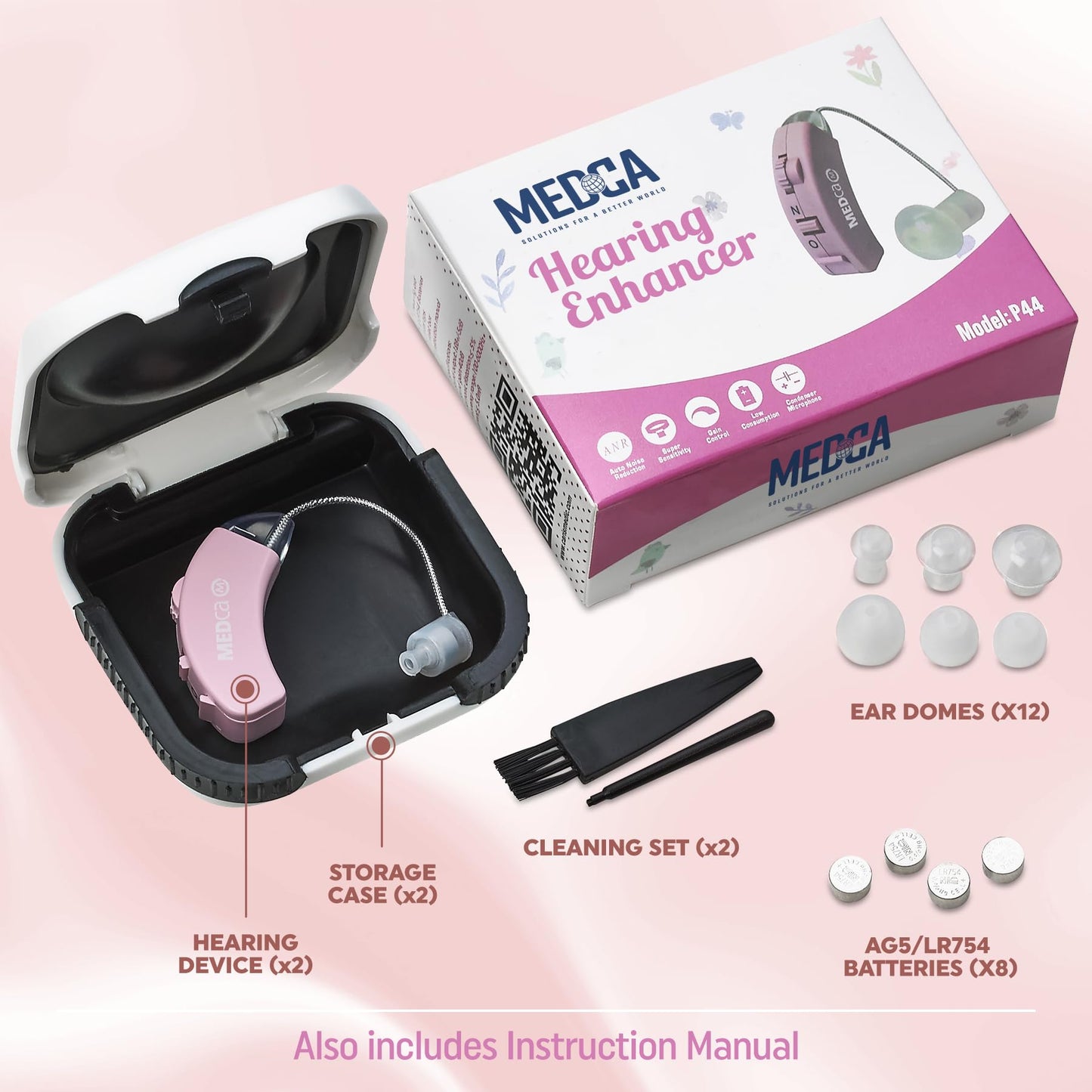 Digital Hearing Amplifier - Set of 2 - Best Hearing Amplifiers That Fit Comfortable Behind the Ear for Women, Small & Discreet BTE Personal Sound Amplifier Pair (Pink)