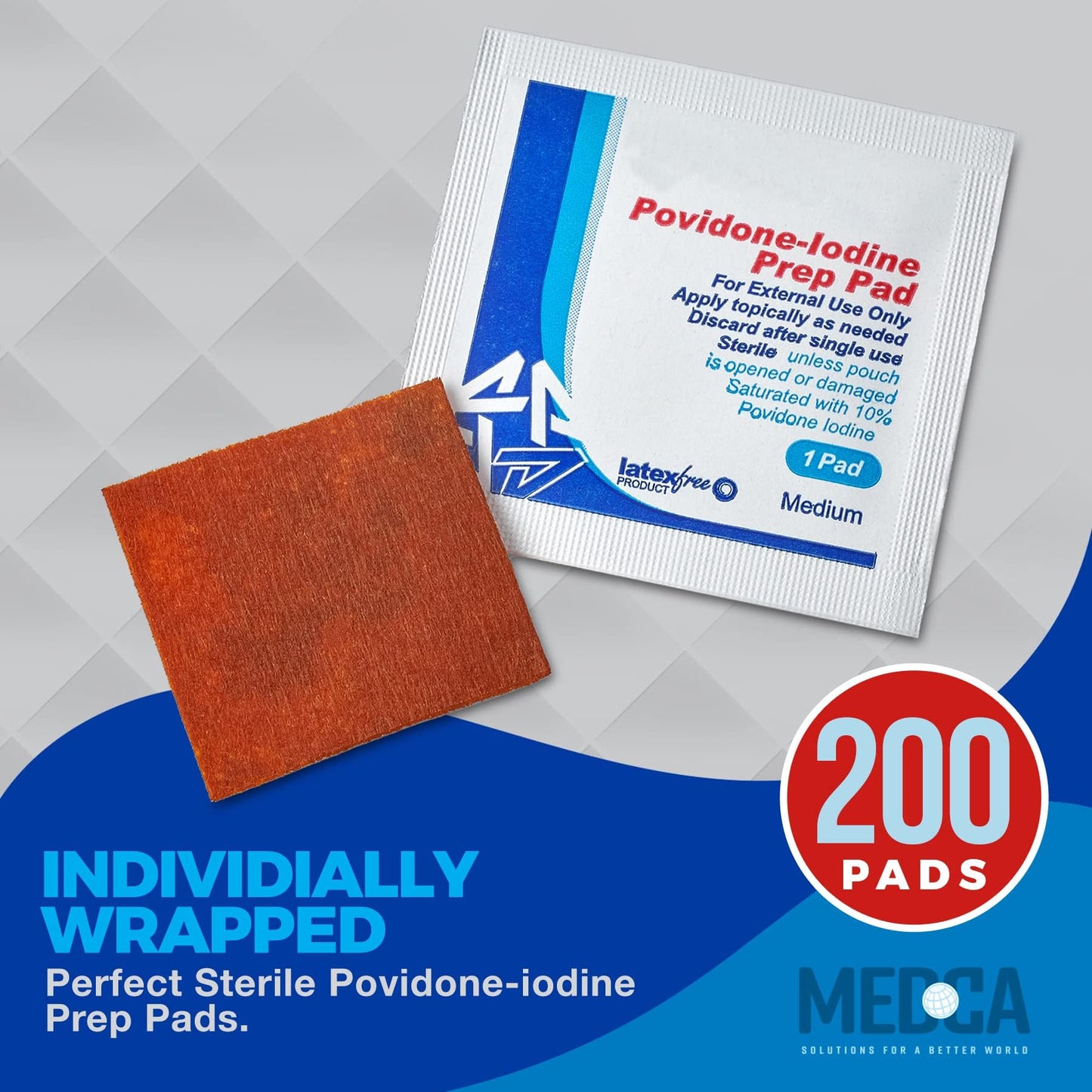 Iodine Prep Pads - (Box of 200 Count) Iodine Prep Solution Pads, 10% Povidone Iodine Swabs for Individual Disinfecting Wipes, Disposable Cotton Antiseptic Surgical Pad for Wound Care, and First Aid