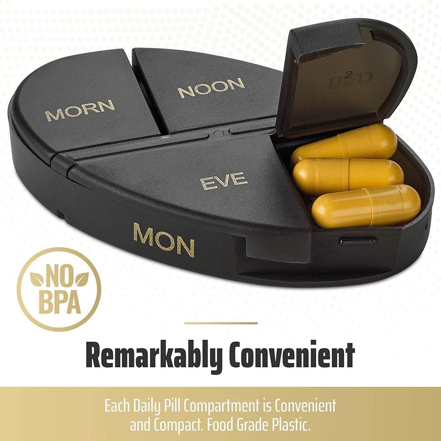 Weekly Pill Organizer - 2Pack - 4 Times-A-Day, Daily Stackable Medication Reminder - Weekly AM/PM Pill Box with 7 Individual Stacking Cases, a Everyday Medicine Organizer for Vitamins, Black & Gold