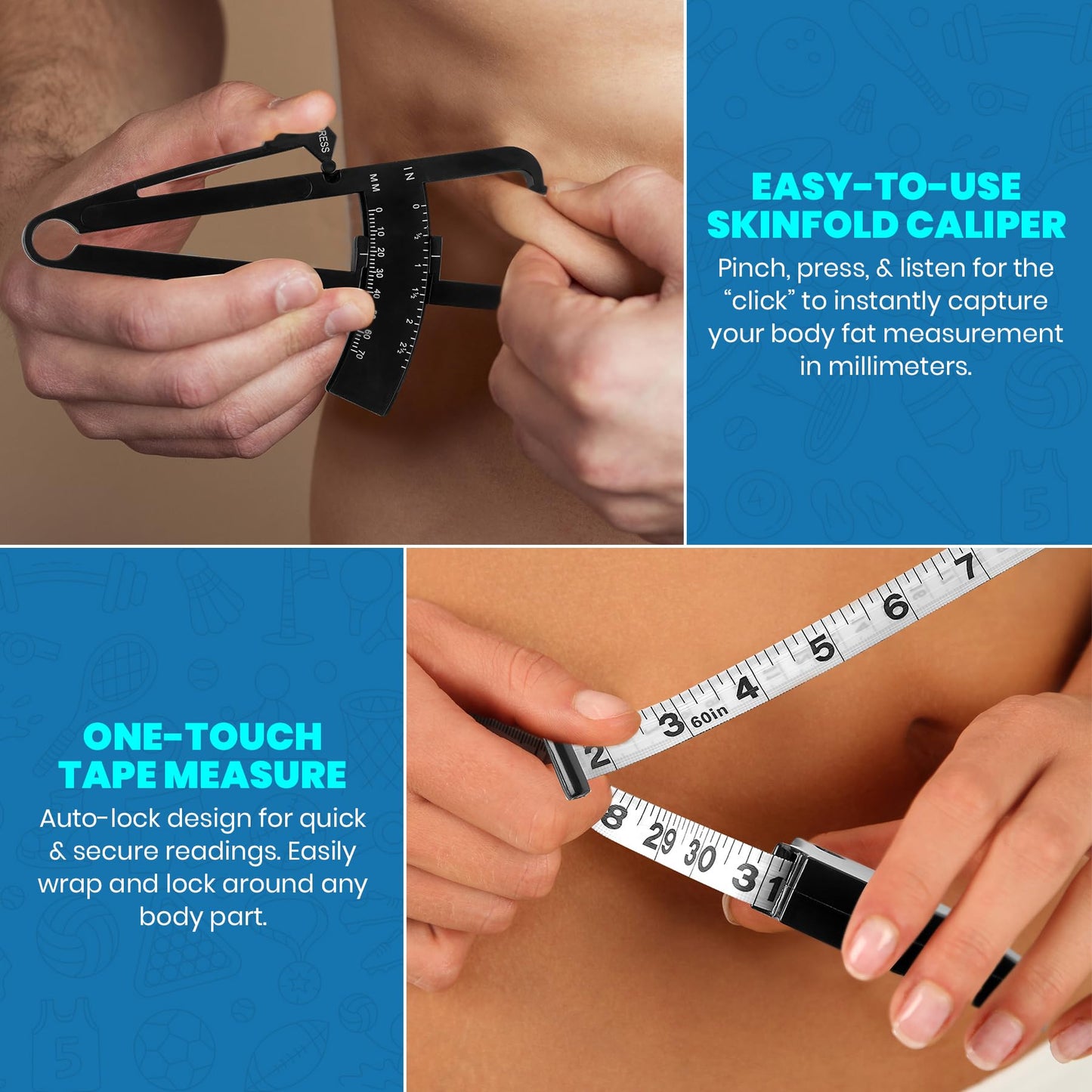 Body Tape Measure and Skinfold Caliper for Body Set - (Pack of 4) - Skin Fold Body Fat Analyzer and BMI Measurement Tool by MEDca