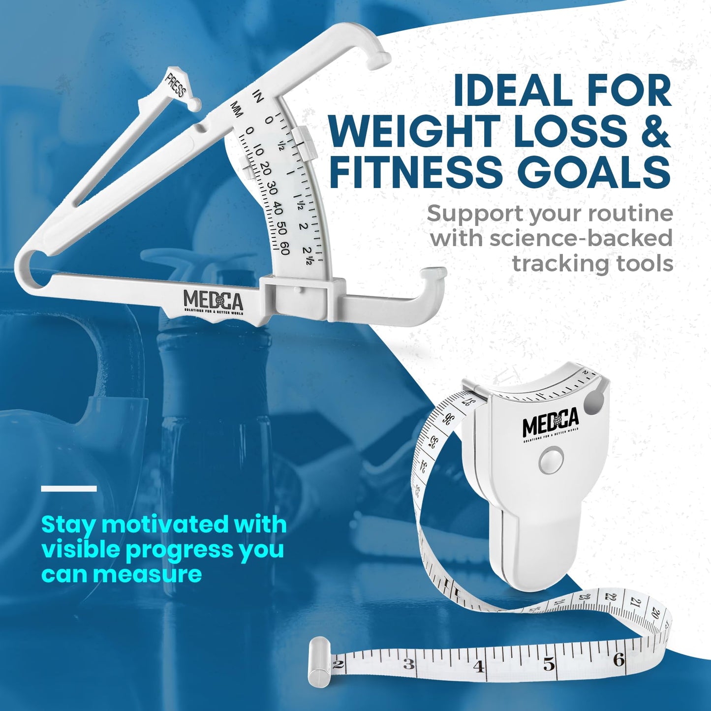 Body Fat Caliper and Measuring Tape for Body - Skinfold Calipers and Body Fat Tape Measure Tool for Accurately Measuring BMI Skin Fold Fitness and Weight-Loss - New Upgraded Design (White)